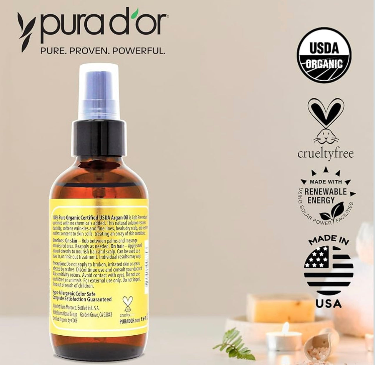 PURA D'OR 4 Oz Organic Moroccan Argan Oil – 100% Pure Cold-Pressed Virgin Grade – Lightweight Moisturizer for Skin, Face, Body & Hair – Helps Dry Skin, Scalp Care, Split Ends, Nails & Cuticles