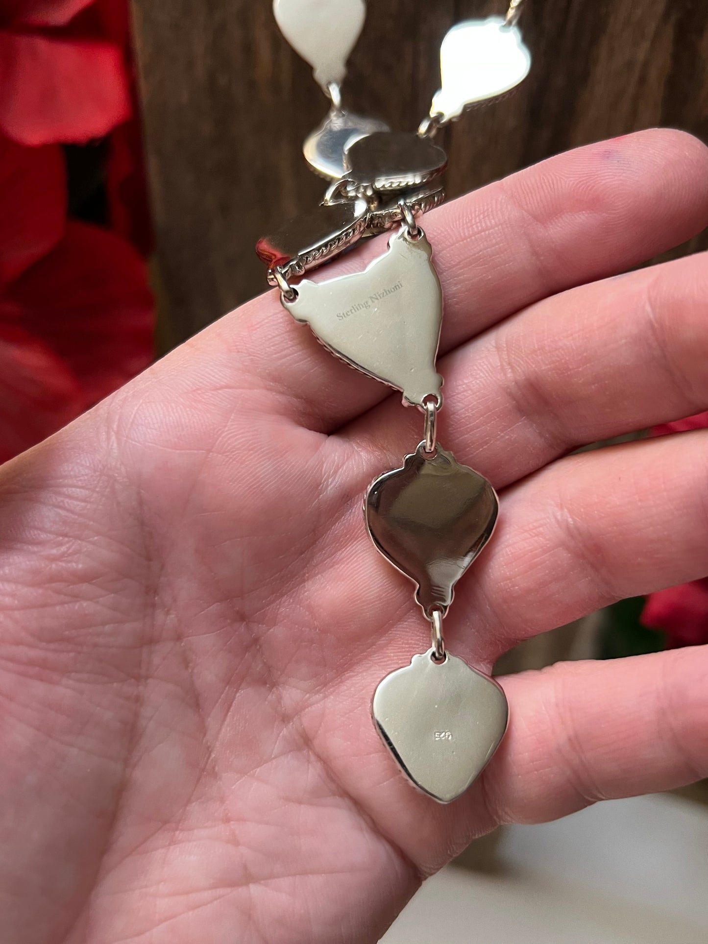 Handmade Sterling Silver & Golden Hills Turquoise 7 Heart Lariat Necklace