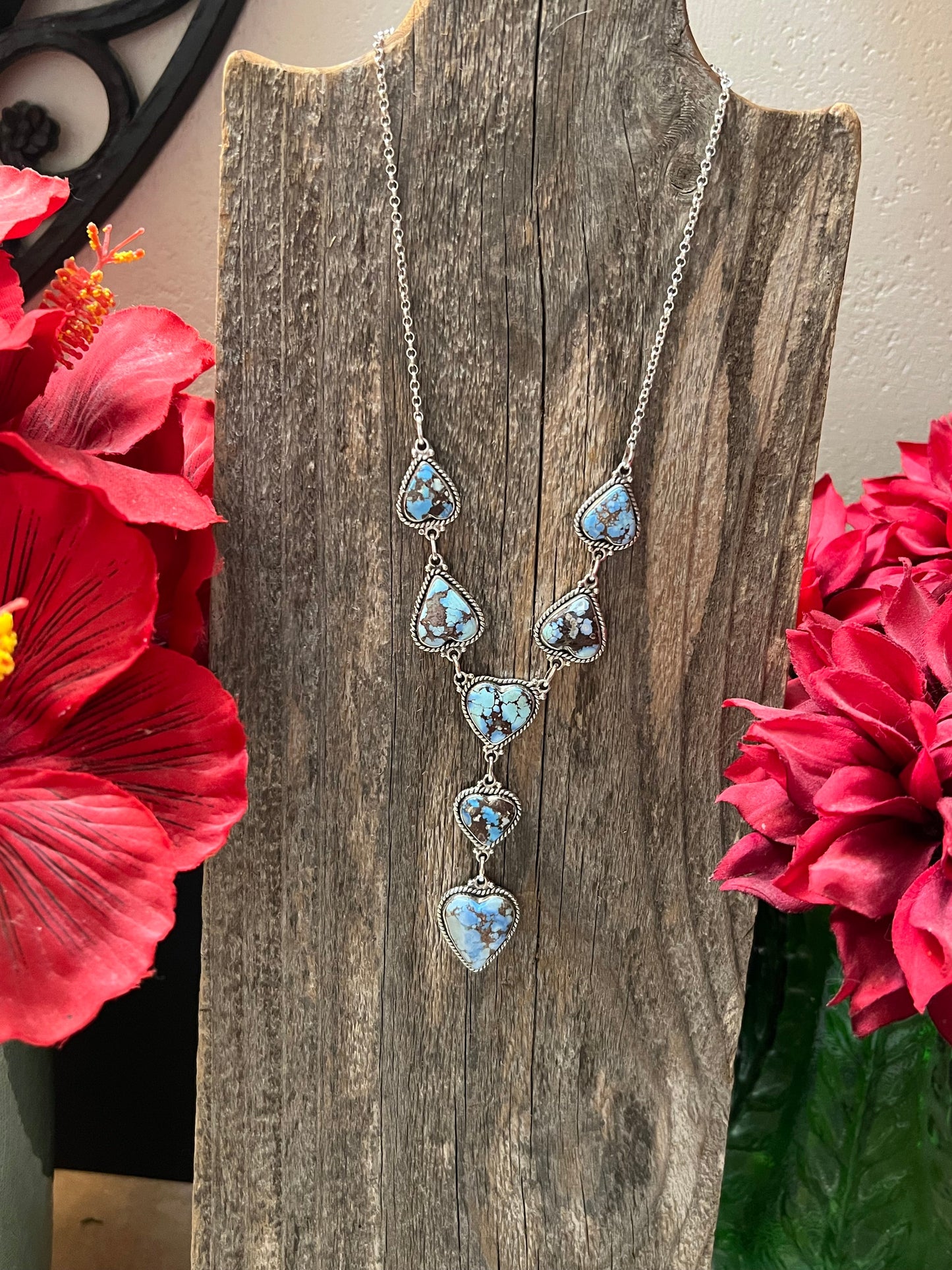 Handmade Sterling Silver & Golden Hills Turquoise 7 Heart Lariat Necklace