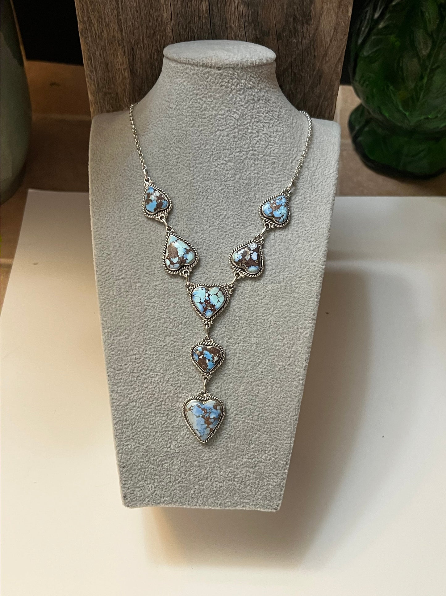 Handmade Sterling Silver & Golden Hills Turquoise 7 Heart Lariat Necklace