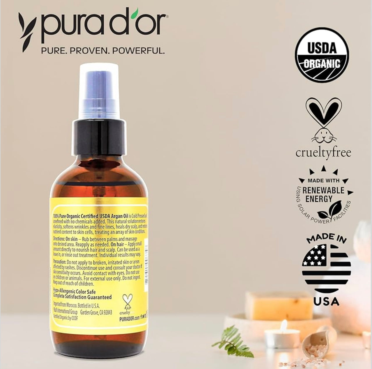PURA D'OR 4 Oz Organic Moroccan Argan Oil – 100% Pure Cold-Pressed Virgin Grade – Lightweight Moisturizer for Skin, Face, Body & Hair – Helps Dry Skin, Scalp Care, Split Ends, Nails & Cuticles