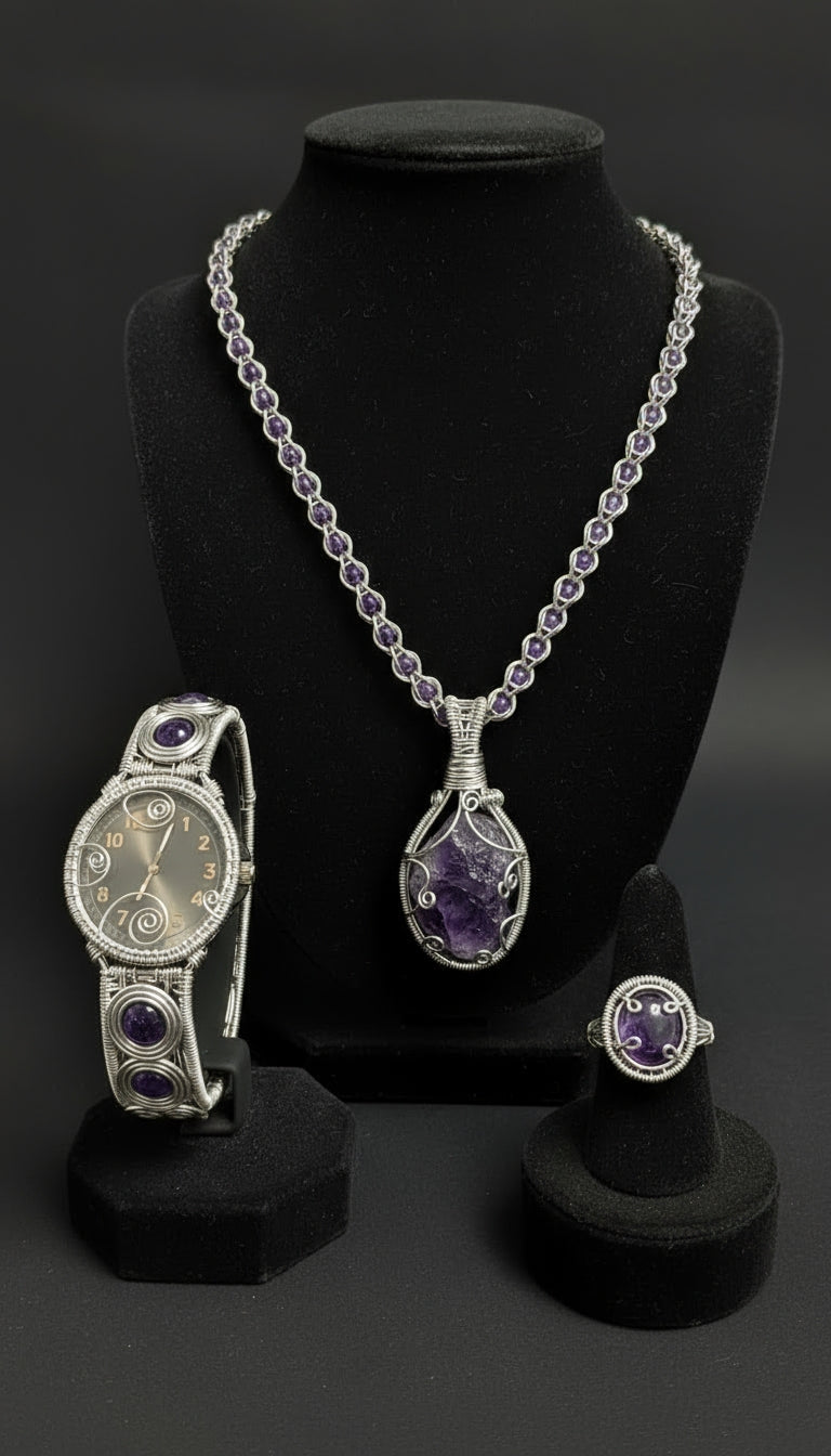 Custom Wire Wrapped Amethyst Watch Necklace And Ring Set