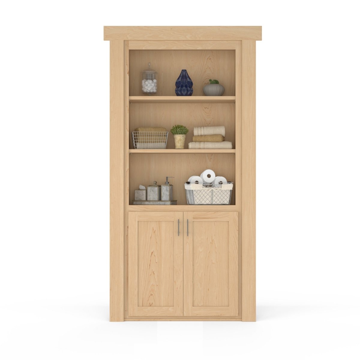 Seamless maple wood flush hamper door.