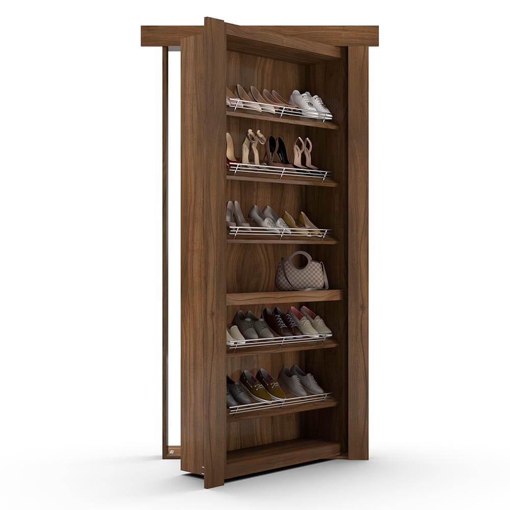 Hidden Flush Mount Walnut Shoe Rack Door