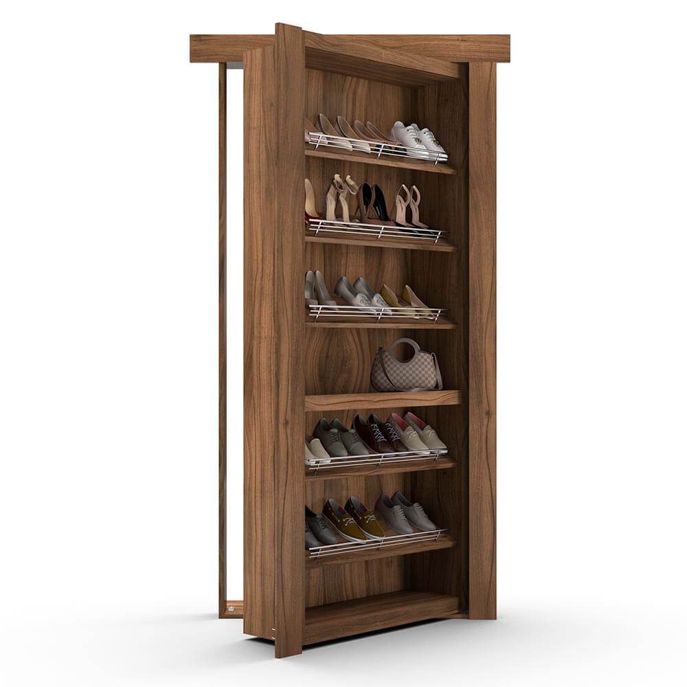 Hidden Flush Mount Walnut Shoe Rack Door