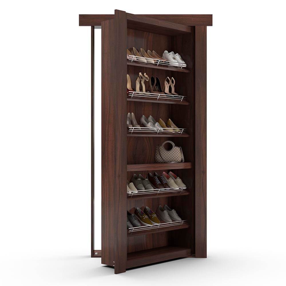 Hidden Flush Mount Walnut Shoe Rack Door