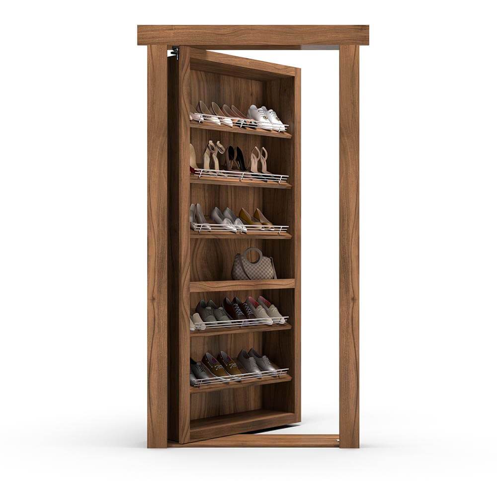 Hidden Flush Mount Walnut Shoe Rack Door