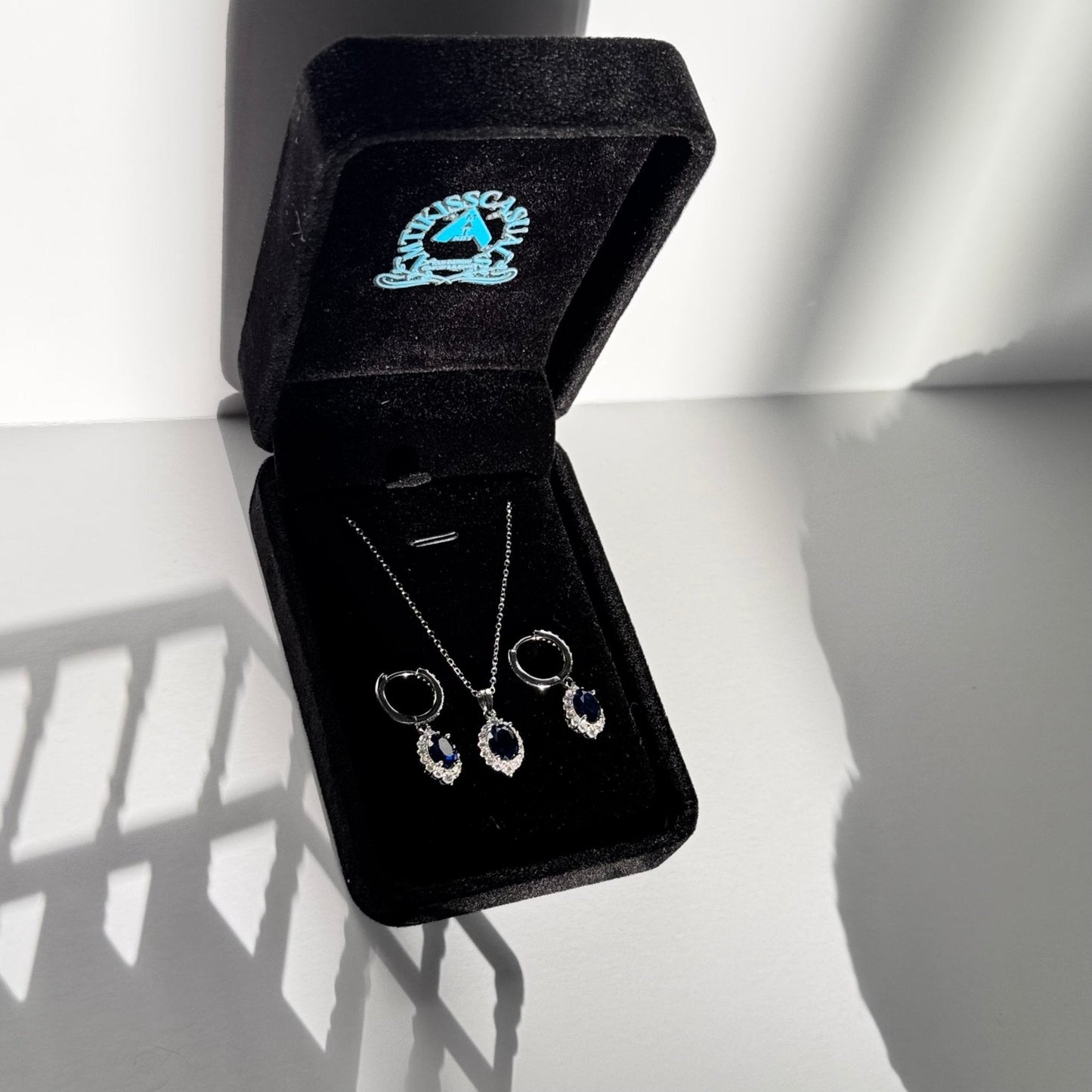 Sapphire Blue Elegance Jewelry Set - 925 Sterling Silver Hoop Earrings & Pendant Necklace