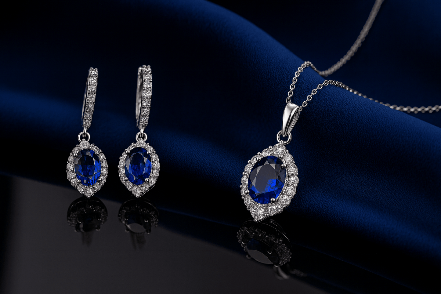 Sapphire Blue Elegance Jewelry Set - 925 Sterling Silver Hoop Earrings & Pendant Necklace