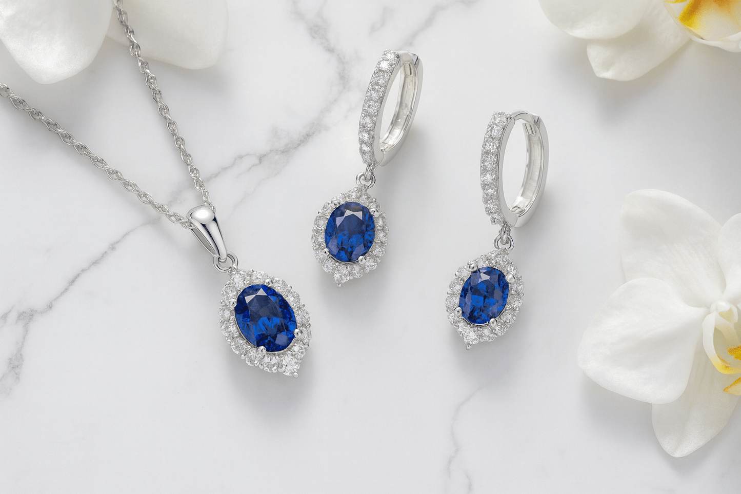 Sapphire Blue Elegance Jewelry Set - 925 Sterling Silver Hoop Earrings & Pendant Necklace