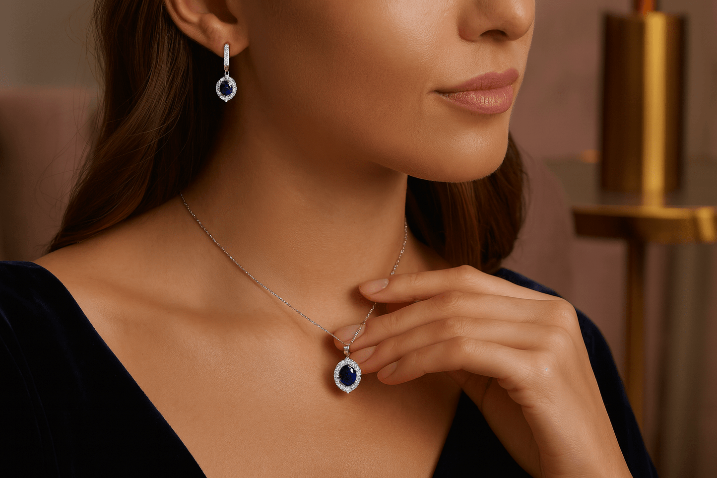 Sapphire Blue Elegance Jewelry Set - 925 Sterling Silver Hoop Earrings & Pendant Necklace