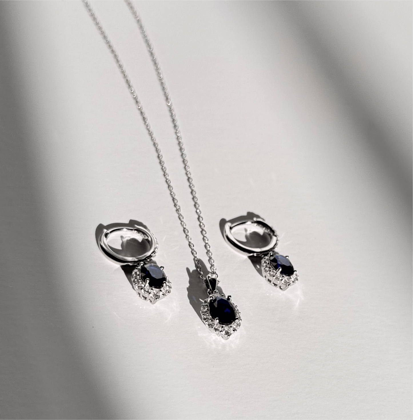 Sapphire Blue Elegance Jewelry Set - 925 Sterling Silver Hoop Earrings & Pendant Necklace