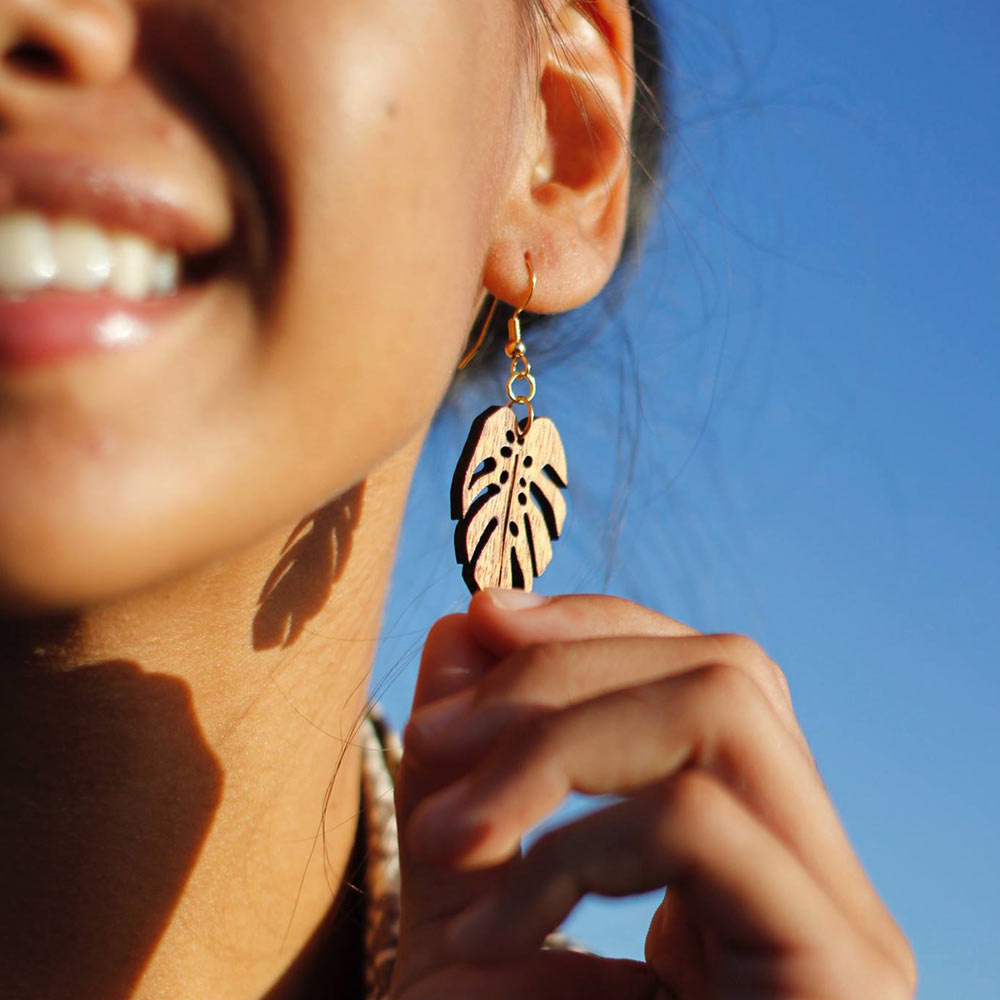 Monstera Koa Earrings - Hawaii Bookmark