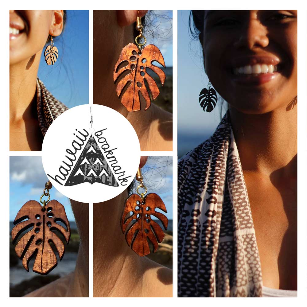 Monstera Koa Earrings - Hawaii Bookmark