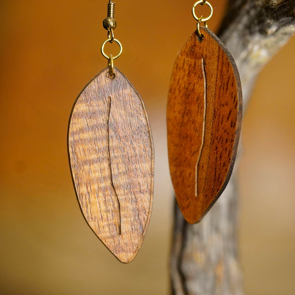 Maile Leaf Koa Wood Earrings - Hawaii Bookmark